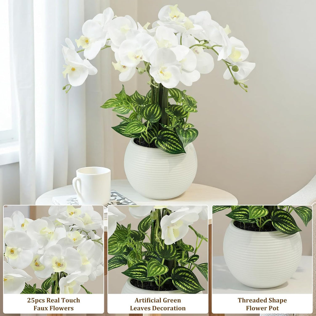 Orchids Artificial Flowers 18in with White Pot Real Touch Fake Orchid
