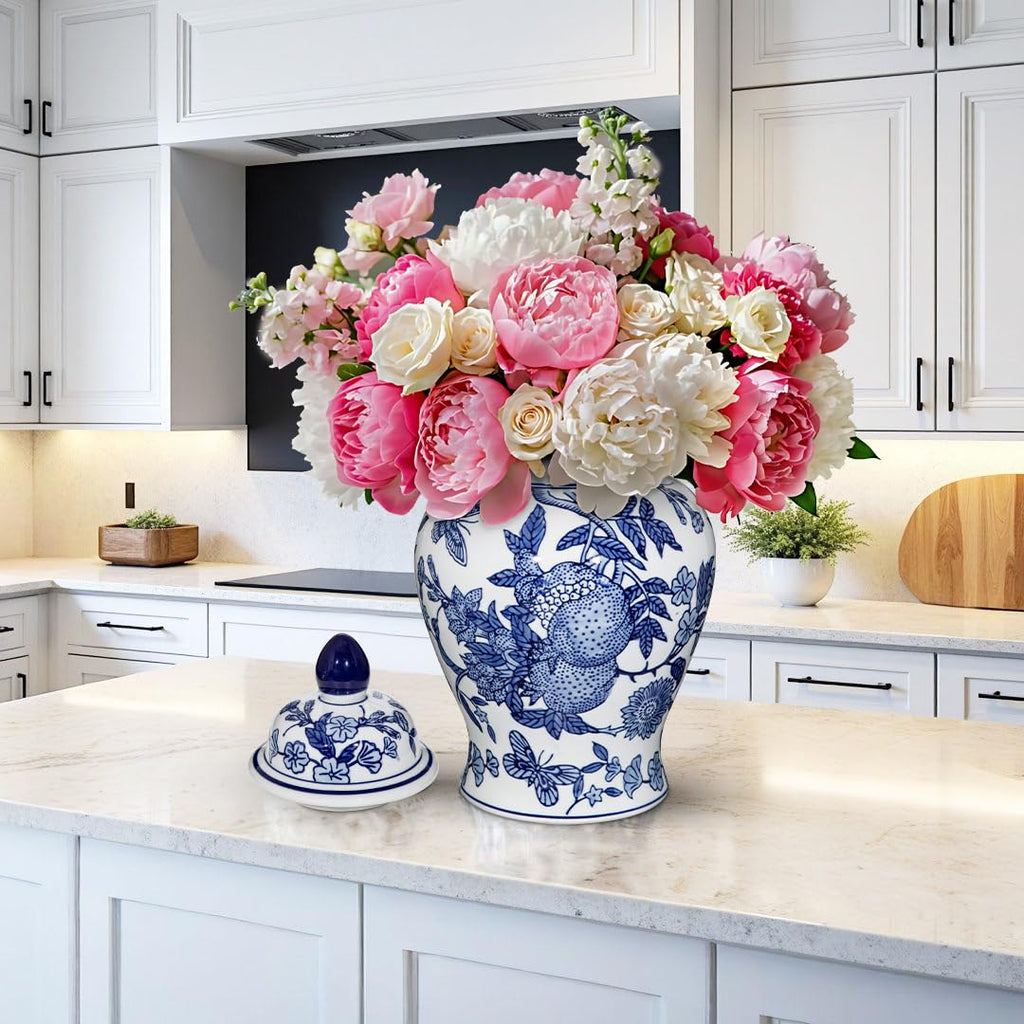 Blue and White Vase Ginger Jar - 12" Chinoiserie Decor Large Ginger Jar Blue & White Porcelain Flower Ceramic Covered