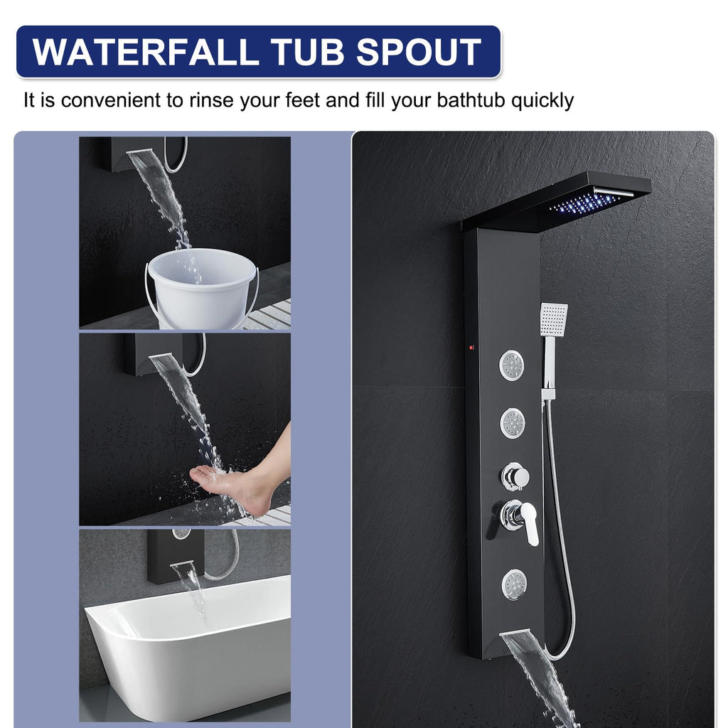 6 in 1 LED Rainfall Waterfall Shower Panel Tower System, Black