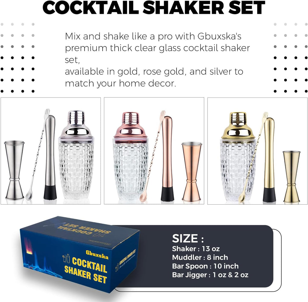 Rose Gold Cocktail Shaker Set with Jigger, Bar Spoon & Muddler - Set of 4