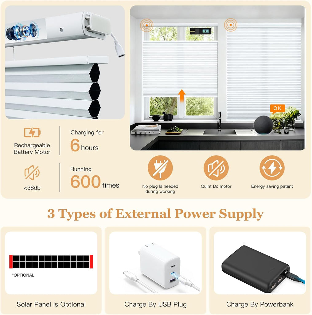 Motorized Cellular Shades Top Down Bottom Up, No Drill No Tools Installation, Compatible with Alexa & Google Home