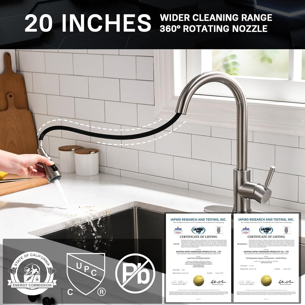 Single Handle High Arc Brushed Nickel Pull Out Kitchen Faucet,Single Level Stainless Steel Kitchen Sink Faucets with