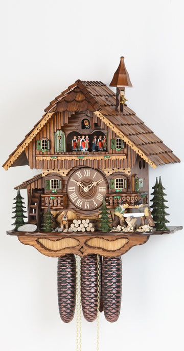 Clock Black Forest house with moving wood chopper and mill wheel KA 3728/8