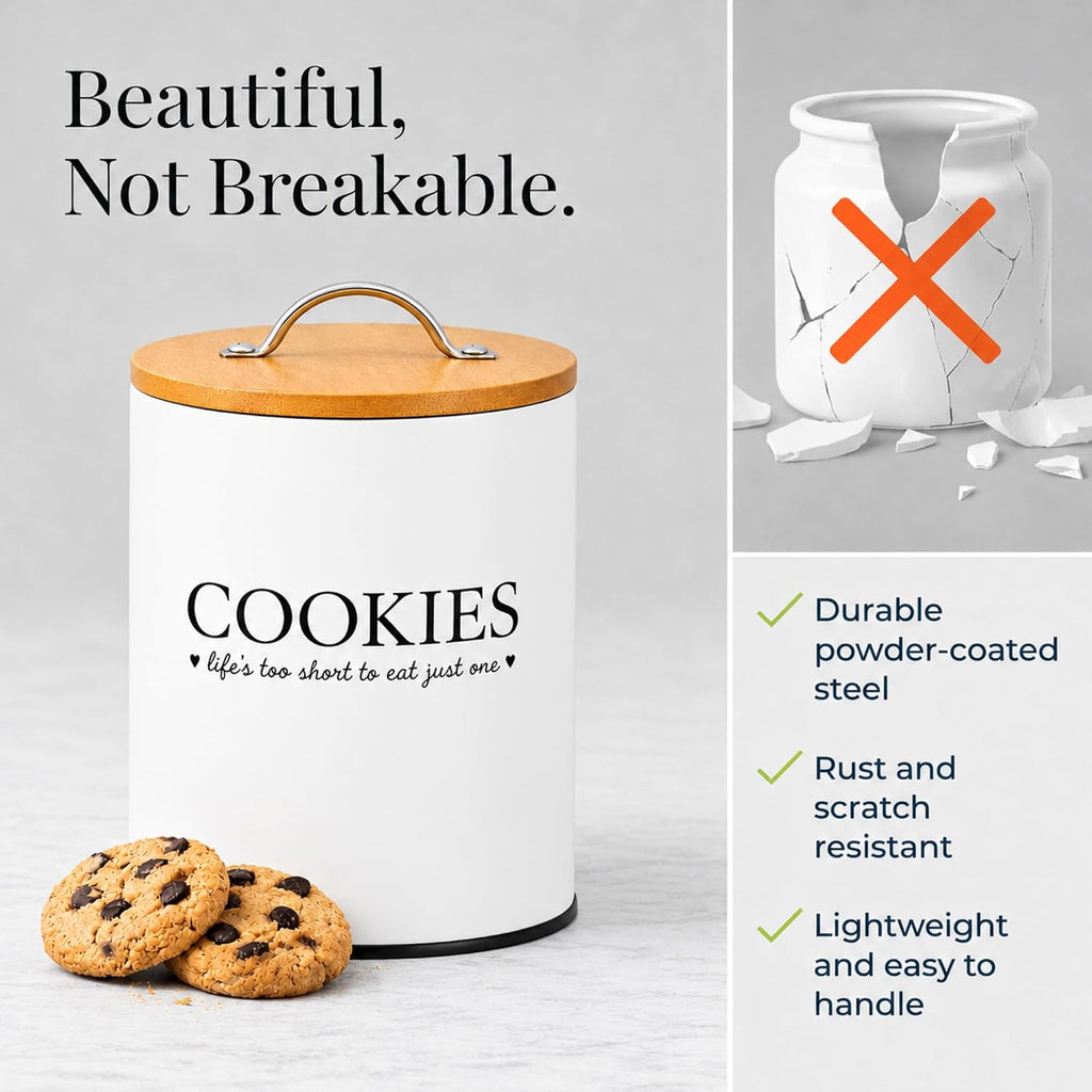 Cookie Jar with Airtight Bamboo Lid - 0.6 Gallon Cute and Decorative Cookie Storage Countertop - Farmhouse Storage