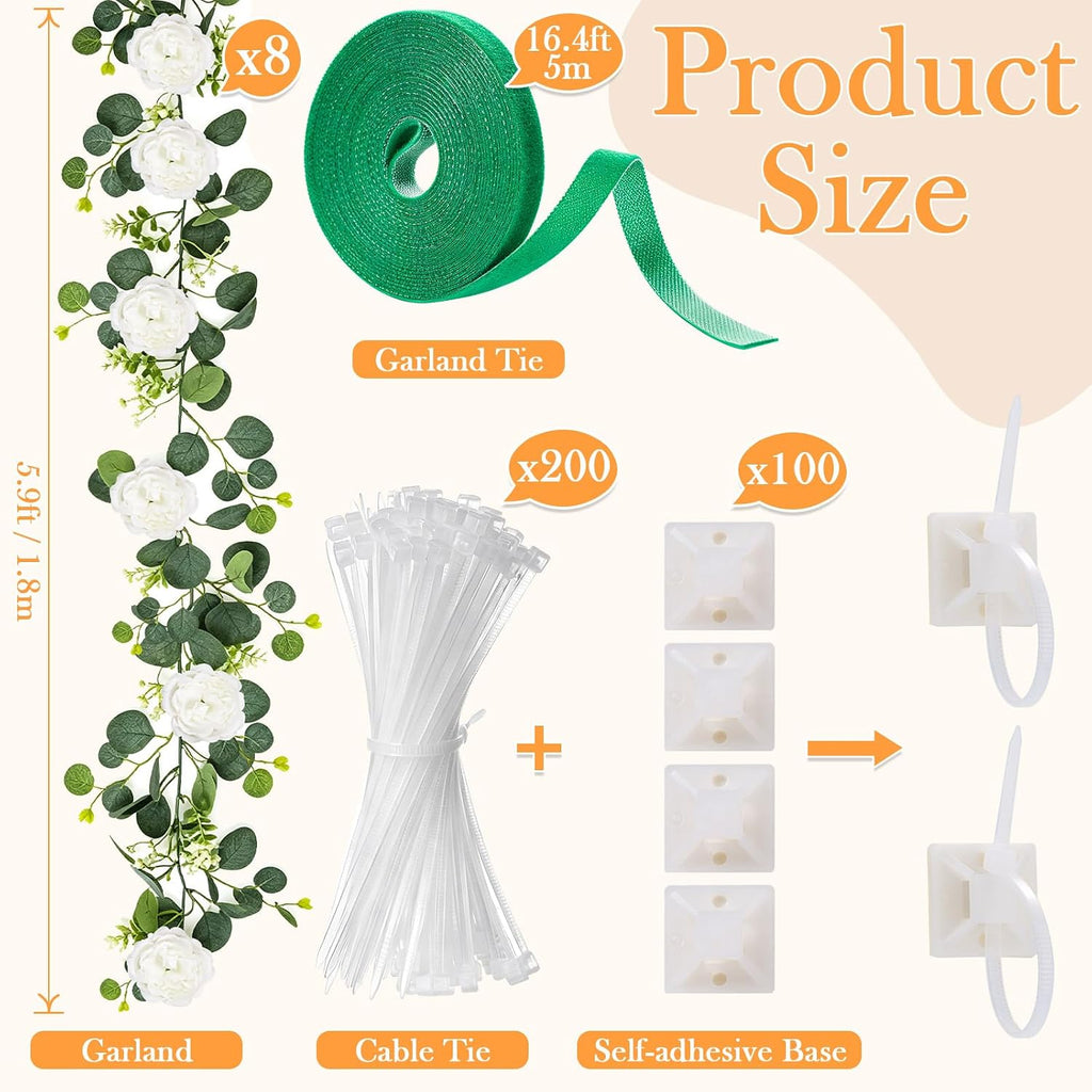 Artificial Eucalyptus Garland with White Roses Fake Greenery Flower - Set of 8