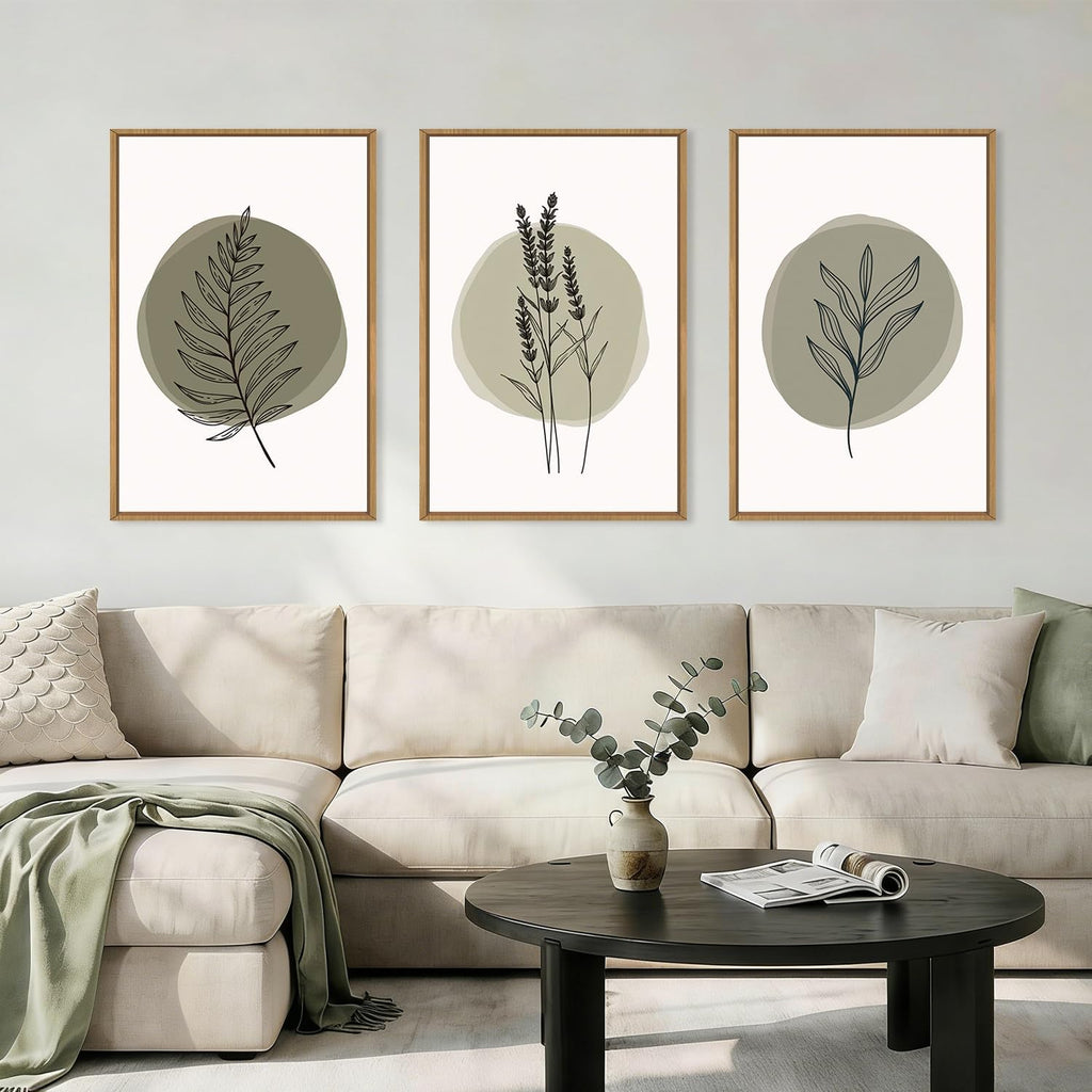 Spring Sage Green Leaves Framed Canvas Wall Art Set,Minimalism Boho Leaf Wall Decor, Modern Nature Botanical Wall