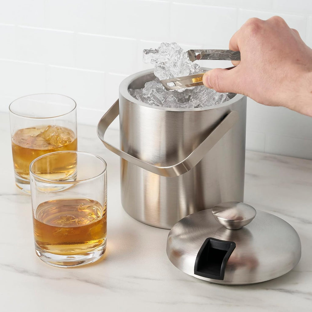 Stainless Steel Ice Buckets for Parties with Lid, 1.3L Capacity Double Wall Ice Bucket with Tongs, Insulated Ice