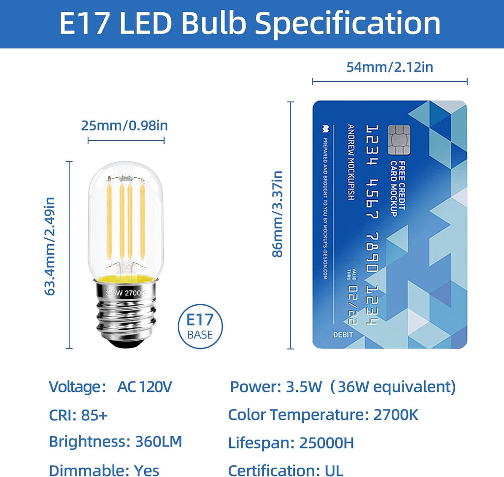2.5 in E17 Intermediate Base LED Filament Bulb 360 Lumens, 2700K Soft White Dimmable Appliance Bulb AC 120V, ETL
