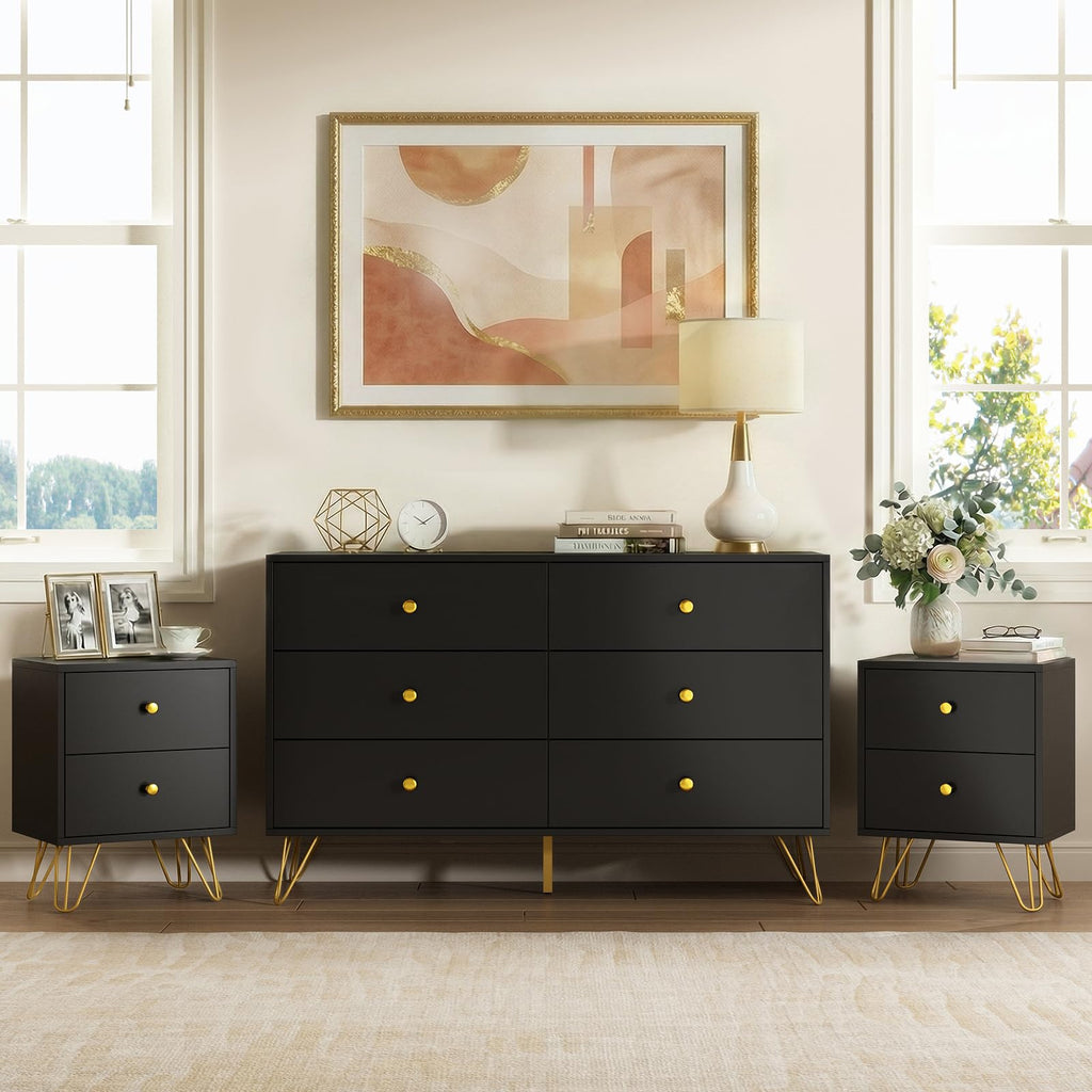 Black Dresser, 6 Drawer Dresser with Golden Handles, Large Storage Cabinet, Modern Chest of Drawers Organizer