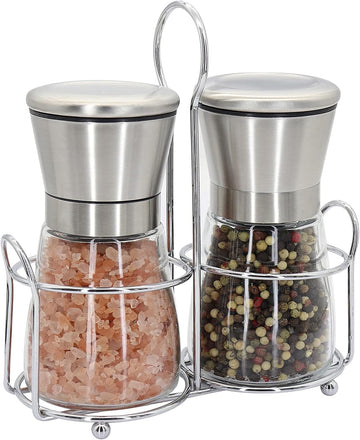 Salt and Pepper Grinder Set Refillable Adjustable Mill with Stand - Set of 2
