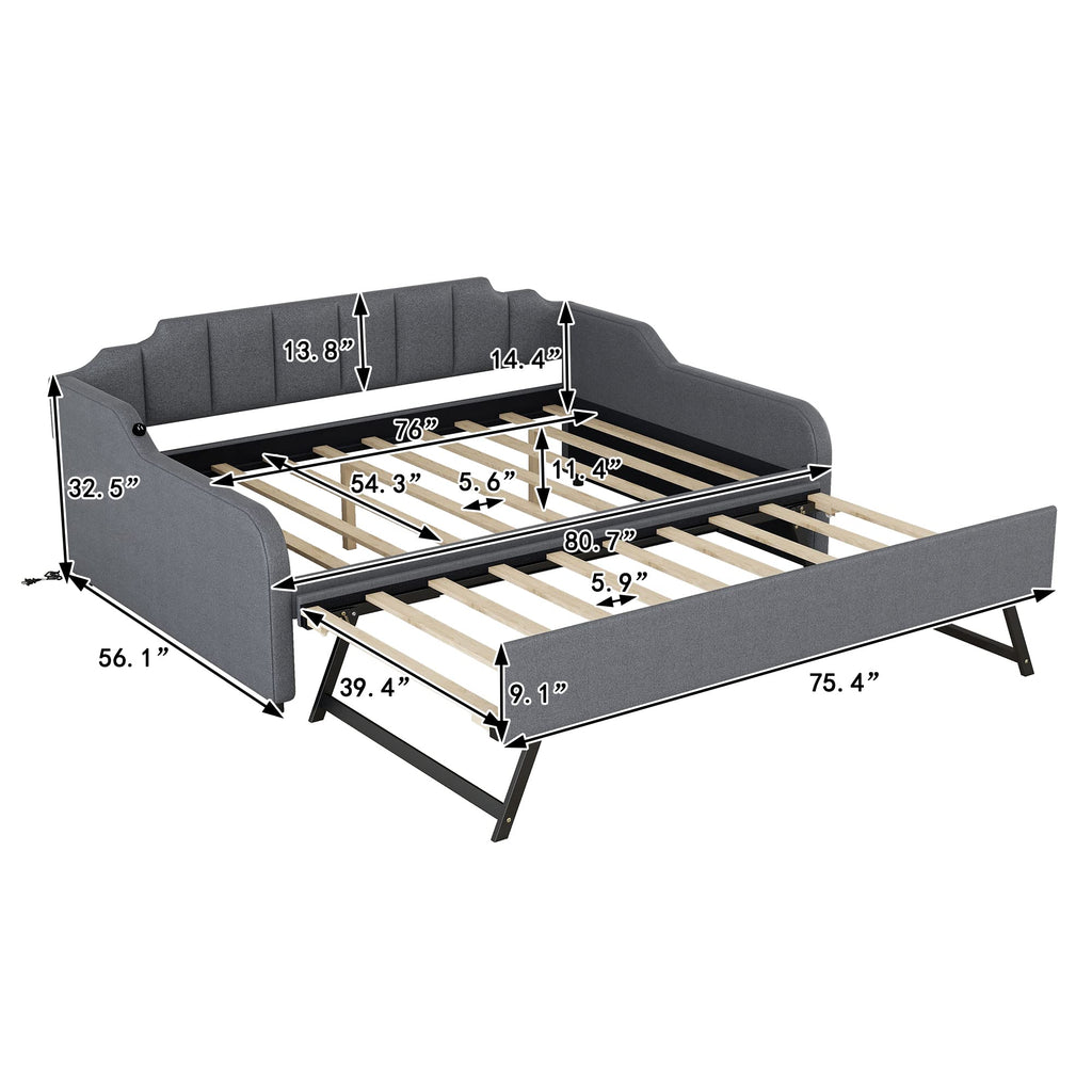 Full Daybed with Pop-up Trundle Upholstery Day Bed Frame with USB Charging Ports Modern Sofa Beds with Adjustable