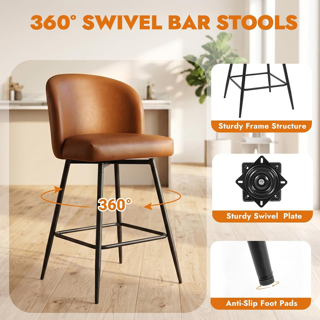 Counter Height Bar Stools Set of 2, 360° Swivel Upholstered Barstools with Backs and Metal Legs, 26" H Seat Height