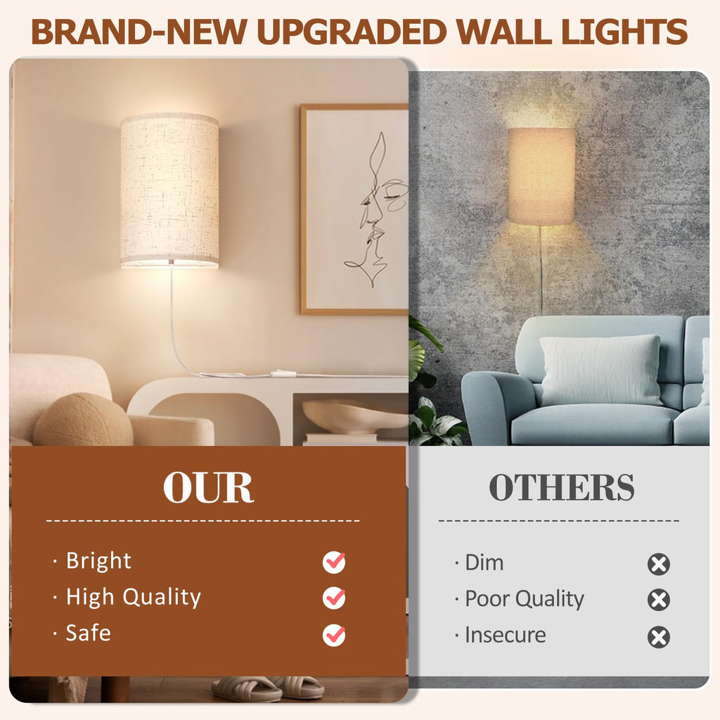 Plug in Wall Sconces Set of Two Wall Lights Lamp with On/Off Switch