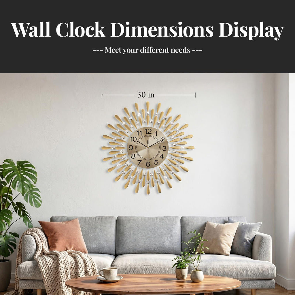 24 Inch Wall Clock Gold Crystal Sunburst Decorative Metal Clock