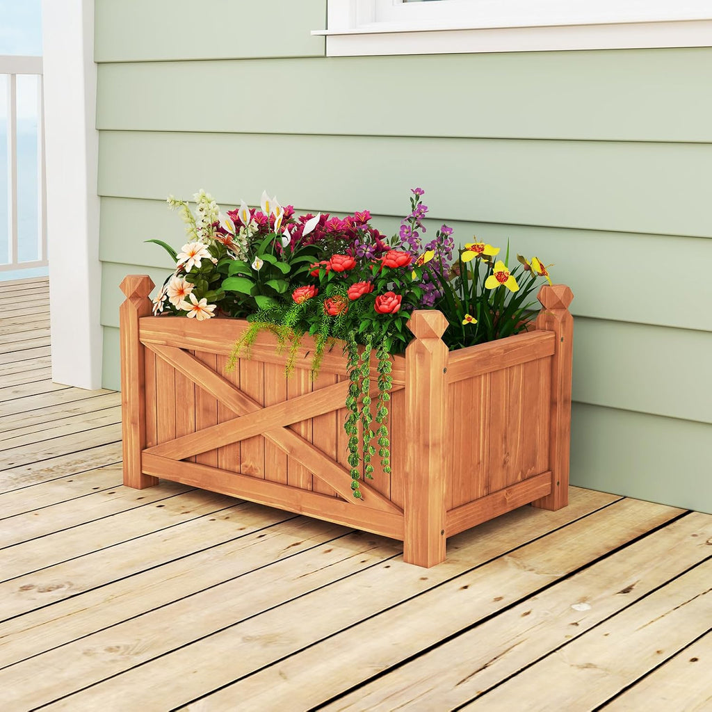 25"x 16"x 15" Wooden Raised Garden Bed with Drainage Holes | Solid Wood Gardening Plant Container for Flower
