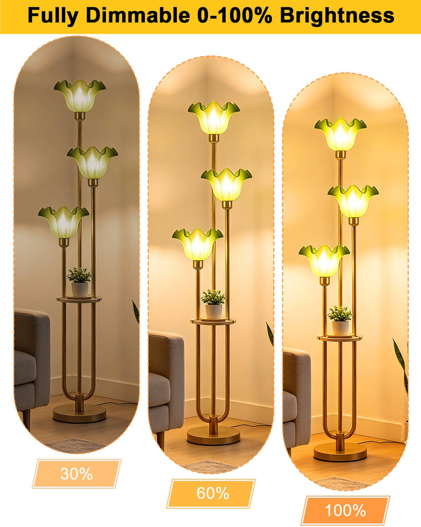 Flower Floor Lamp Vintage Dimmable Floor Lamp with Green Shades 3 Light Mid Century Gold Floral Standing Tall Lamp