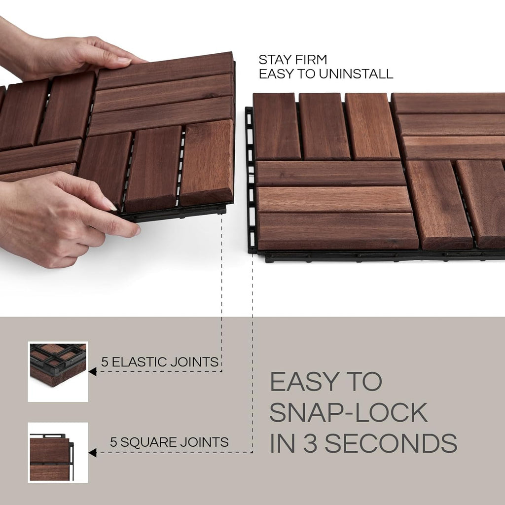 Premium Deck Tiles, Patio Flooring - Set 10 Pcs 12”x12”x0.9” Interlocking Deck Tiles, Waterproof Acacia Wood for