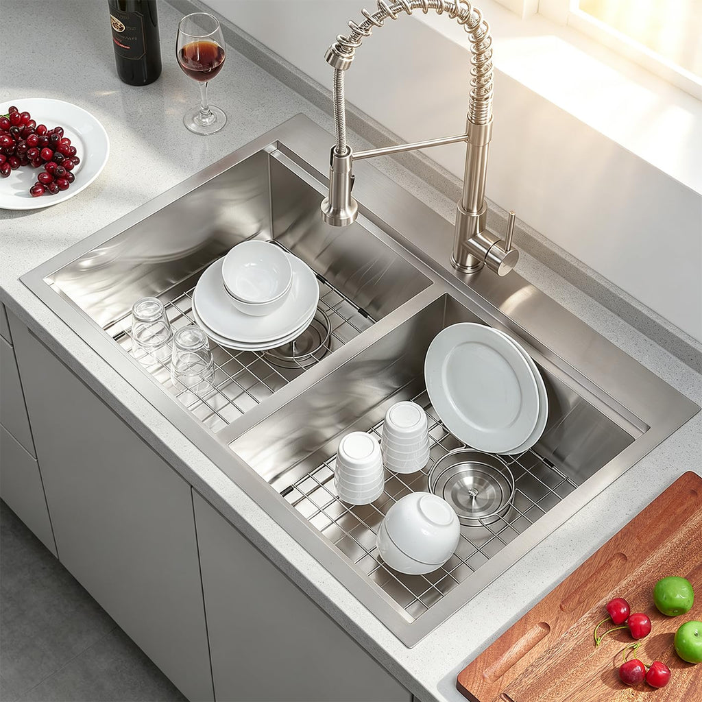 33 x 22 Inch Double Bowl Drop in, Brushed Nickel 16 Gauge Stainless Steel Topmount 50/50 Double Basin Workstation