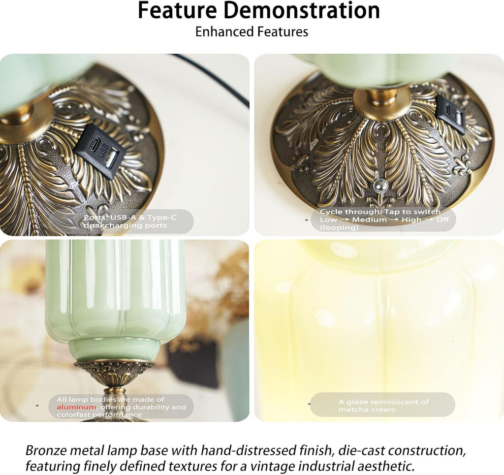 Milk Glass Touch Table Lamp, Elegant Green Jadeite Glass Bedside Desk Lamp 3 Way Dimmable with USB C+A Charging Ports