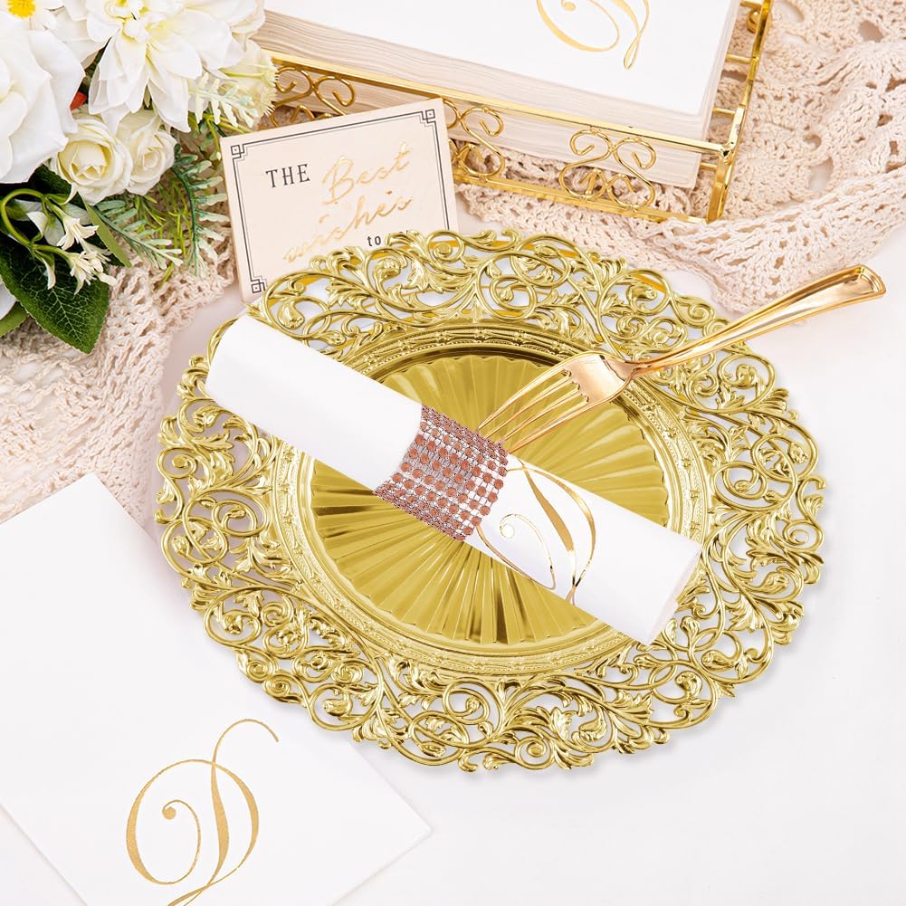 12 Set Gold Charger Plates with 12 Napkin Rings, 13-Inch Stackable Chargers | for Dinner Plates, Perfect for Wedding
