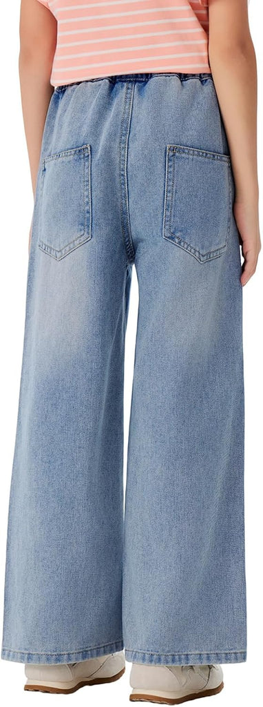 Girls Jeans Embroidery High Elastic Waist Denim Pants with Pockets Y2K Trendy Tween Streetwear