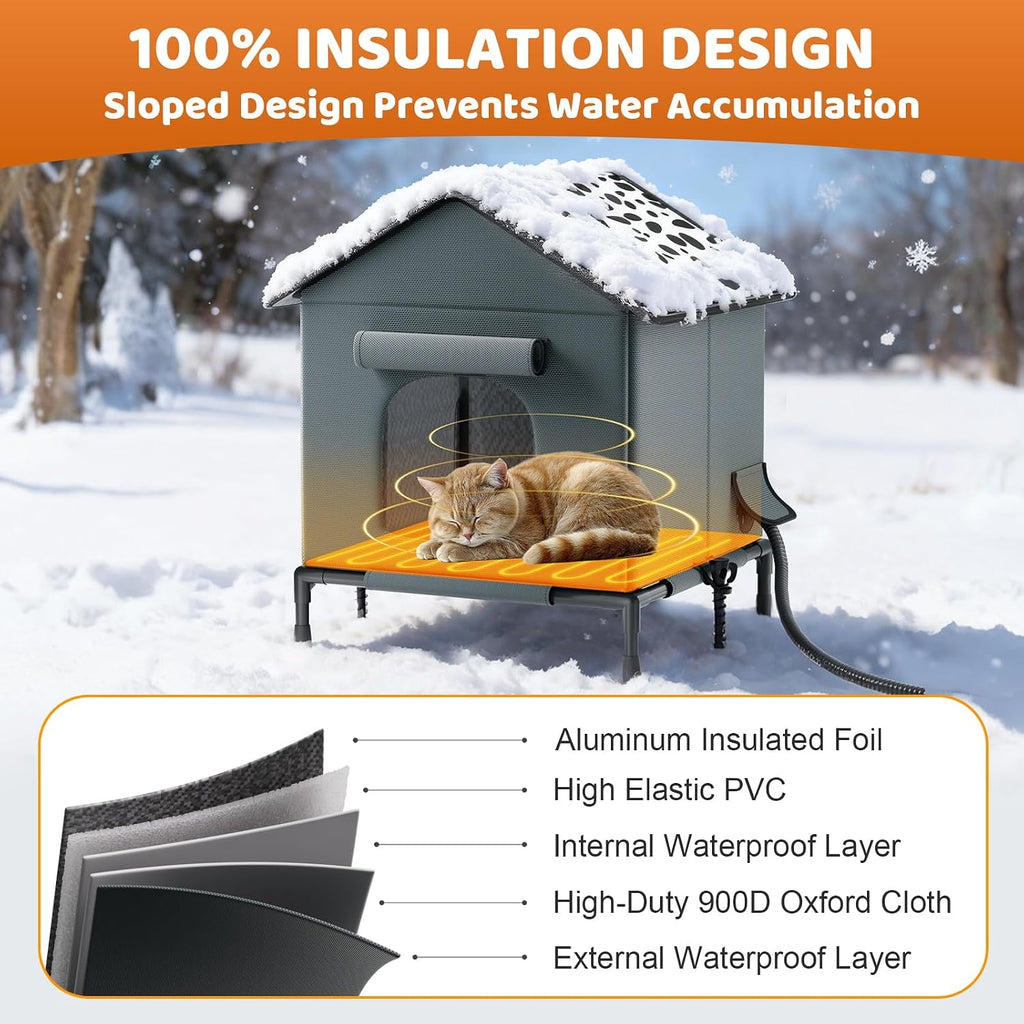 Heated Cat House for Outdoor Cats in Winter, Weatherproof Insulated Outside Cat House with Heating Pad, Warm Home