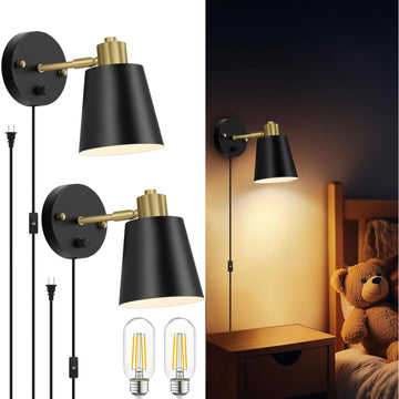 Plug in Wall Sconces Set of 2, Dimmable Wall Lights with Plug in Cord and Dimmer On/Off Knob Switch, Adjustable Angle