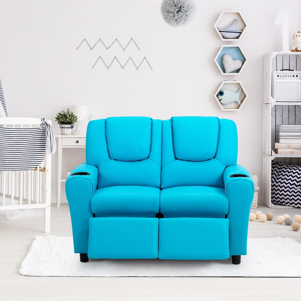 Toddler Recliner, Double Children Couch with Cup Holder, PU Leather Kids Sofa, Kids Loveseat w/Adjustable Footrest &