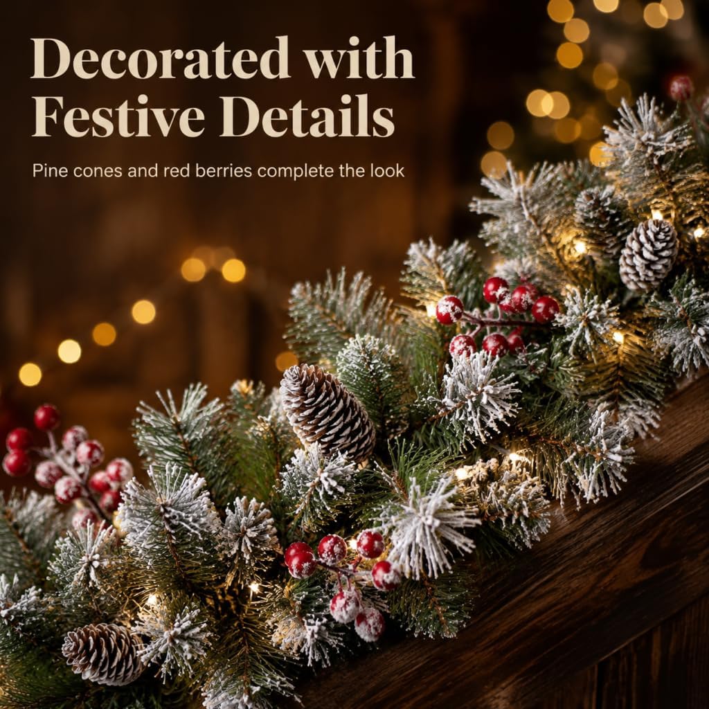 9FT Pre-Lit Artificial Christmas Garland with 50 Lights, Snow Garland Decorated with Pine Cones and Red Berries