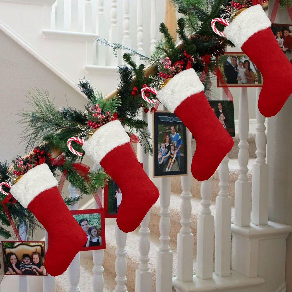 6Pack Red Christmas Stockings Traditional 20 Inch Large Vintage Polyester Plush Luxury Xmas Stocking for Family