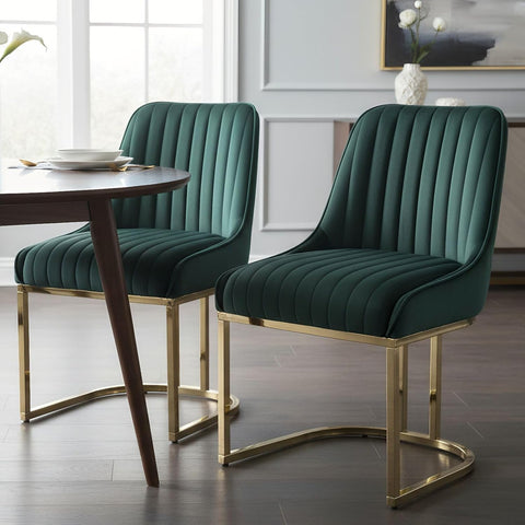 Velvet Dining Chairs Set of 2 Green Upholstered Dining Room Chairs with Gold Legs Modern Armless Kitchen Chairs with