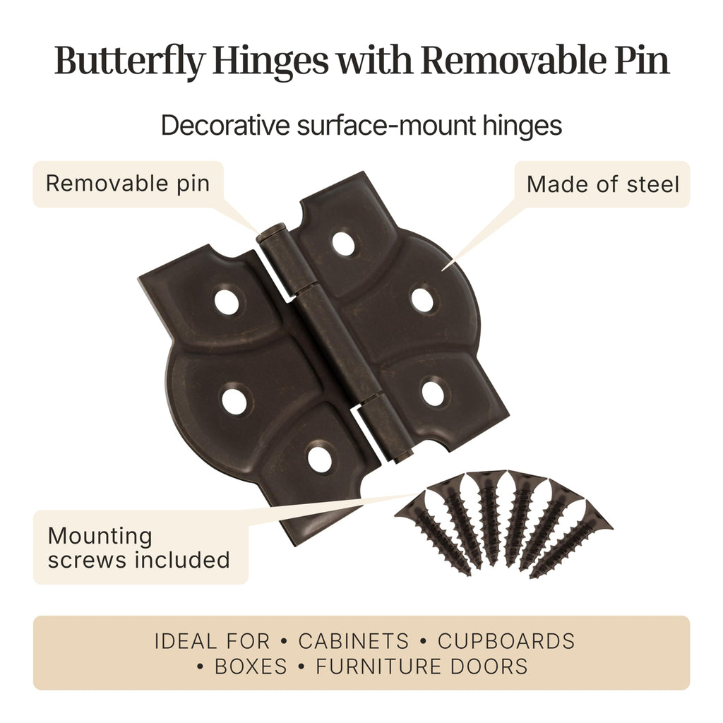 Antique Brass Butterfly Hinges with Removable Pin - Pack of 2 - Surface Mount Cabinet Door Hinges - (1)