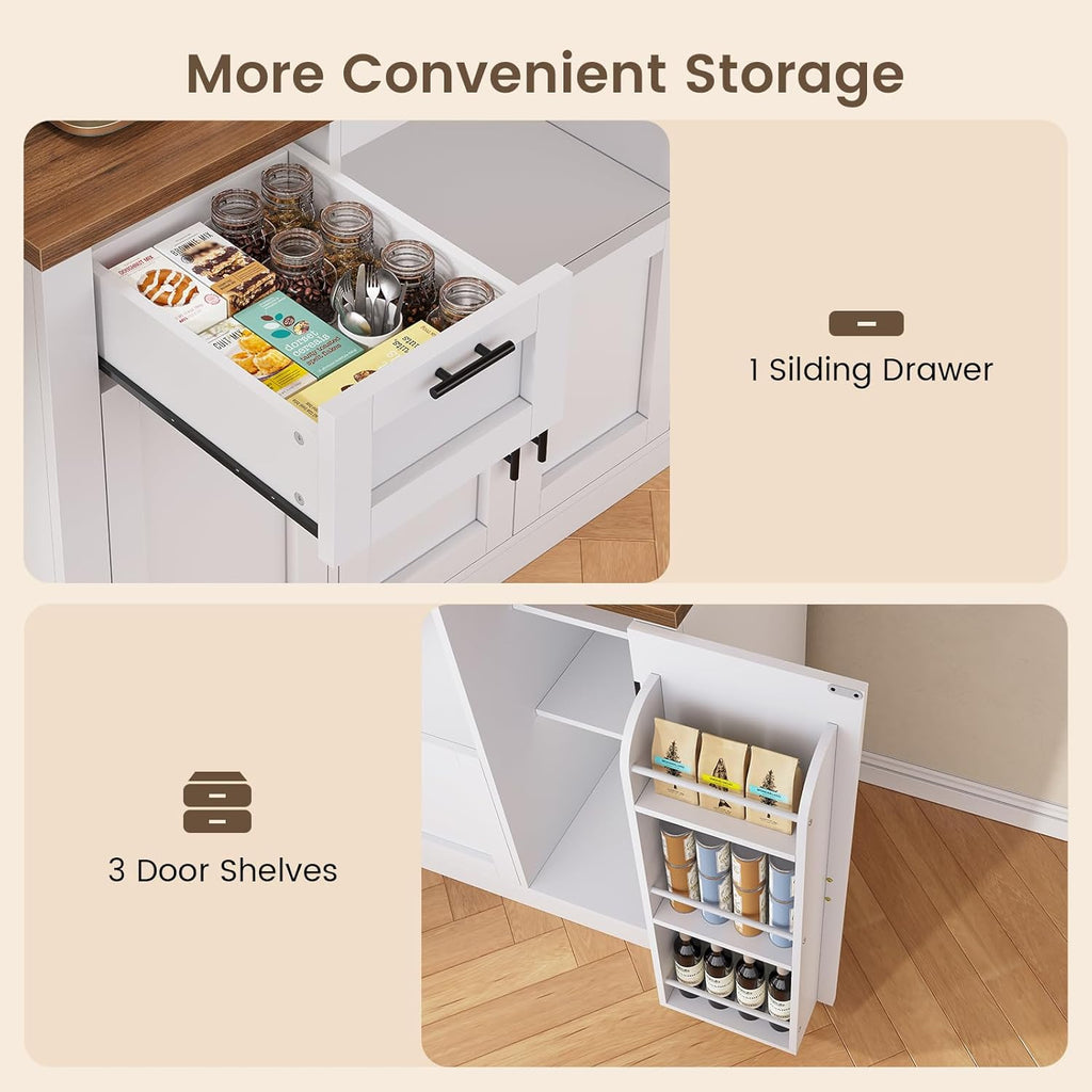 71" Pantry Cabinet with Charging Station and LED Light, Kitchen Pantry Cabinet with Microwave Stand, 47.2" Wide