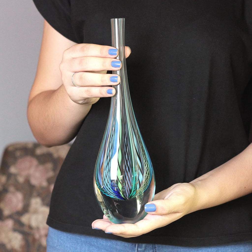 Murano Style Art Glass Drop Vase Hand Blown Blue Boho Effect Home Decor | Hand Blown Glass Drop, Decorative Table