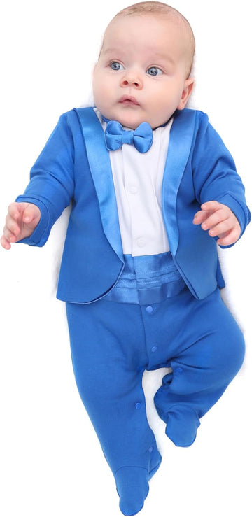 Baby Boy Gentleman Tuxedo Footie Christmas Holiday Outfit with Bow Tie