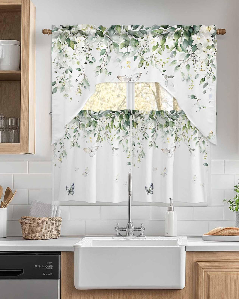 Sage Green Eucalyptus Leaf Kitchen Curtains Sets for Windows 3 Piece, Summer Floral Kitchen Curtains and Valances