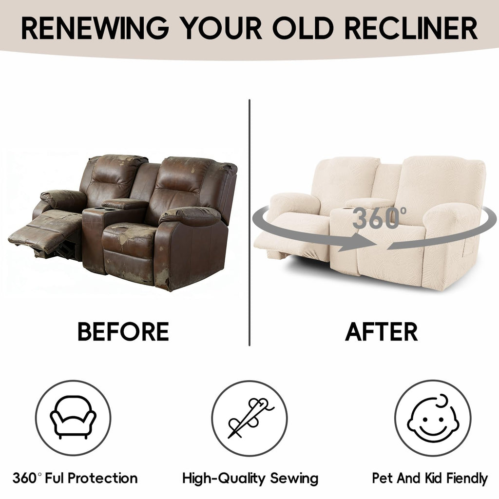 6-Piece Stretch Geometric Recliner Loveseat Cover with Console, Beige
