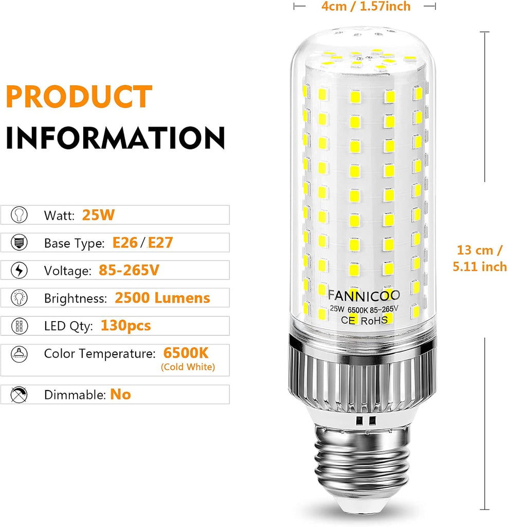 E26 LED Bulb,25W LED Corn Light Bulb 200W Equivalent 6500K Cool Daylight White 2500LM Non-dimmable Flicker Free