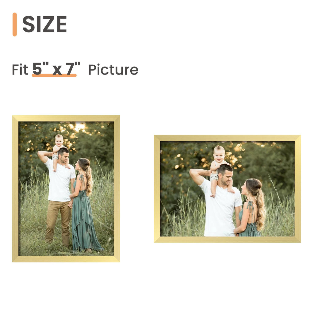 5x7 Picture Frame Glass, Thin Border, Gold Photo Frames, 3 Pack