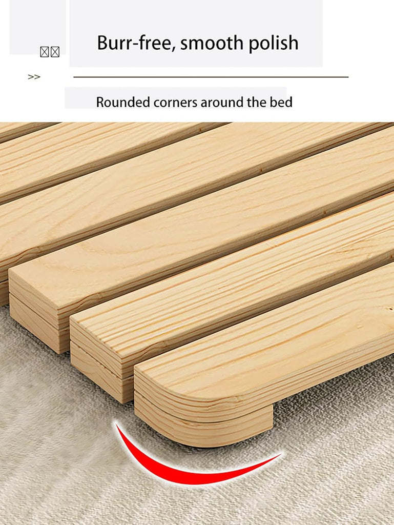 Folding Wooden Bed Frame, Floor Platform Bed with Roll-Up Slatted Base, Natural Solid Wood Tatami Futon Frame