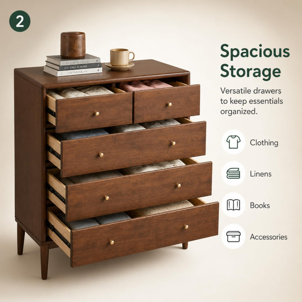 100% Solid Wood Nightstand with 5 Drawer, 5 Drawer Side Table, Wooden Storage Organizer, Tall Walnut Nightstand