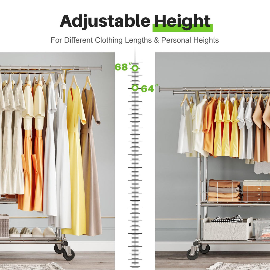 Heavy Duty Clothes Rack Load 635 LBS Height Adjustable Double Rod
