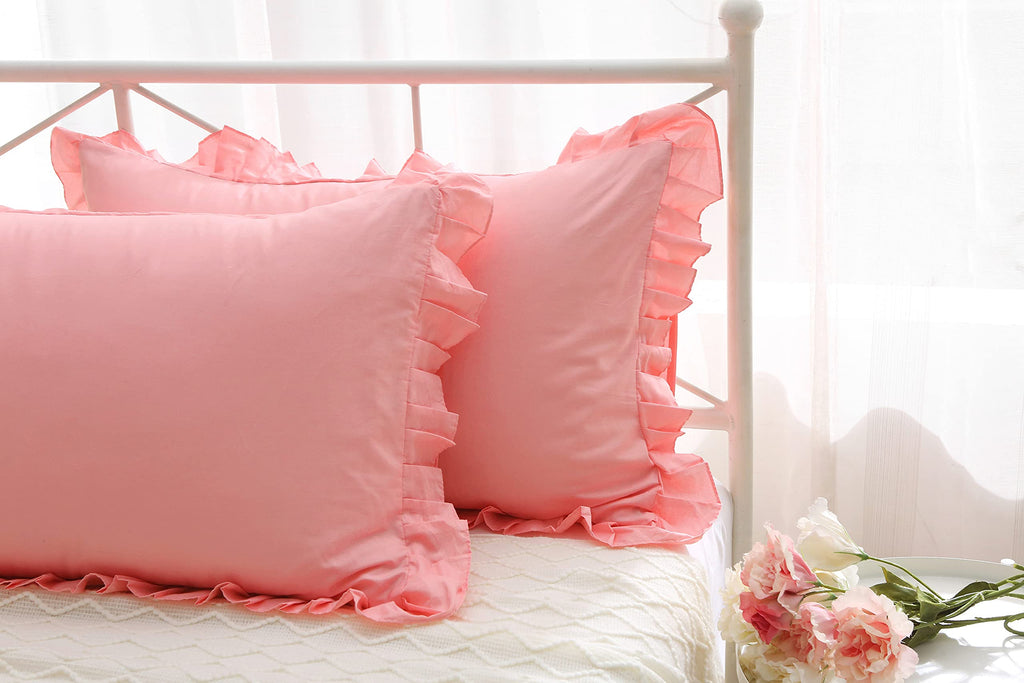 Egyptian Cotton Ruffles Pillow Shams Coral Pink Queen Size 2Pieces 30"x20" Soft Thick