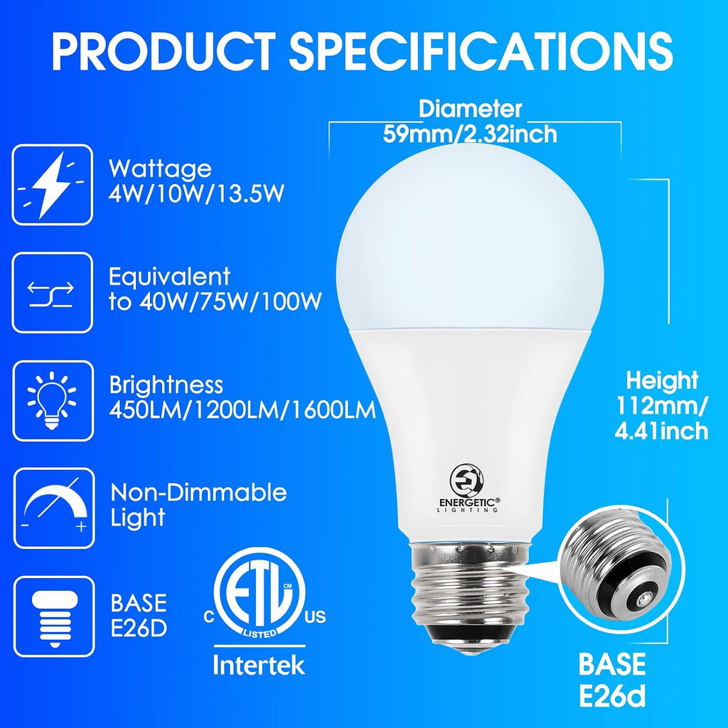 Energetic 3 Way LED Light Bulbs 2 Pack, A19 40 75 100W Soft White 2700K