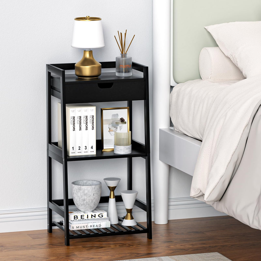 3 Tier Bamboo Bathroom Shelves with Drawer, Ladder Shelf Storage, Space-Saving Design, Stylish Display Nightstand