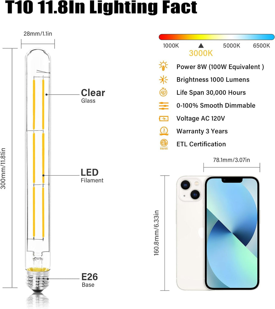 3000K Warm White Light Bulbs E26 Base, T10 T9 Edison Bulbs Dimmable 8W, AC 120V 100 Watt Equal Filament