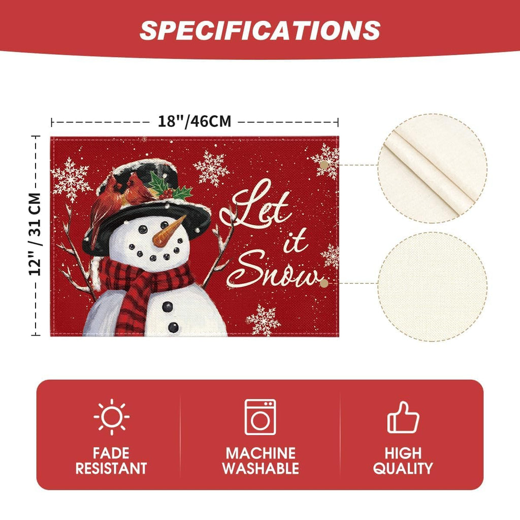 Red Snowman Let It Snow Winter Placemats Set of 6, 12x18 Inch Seasonal Christmas Holiday Table Mats for Party Kitchen