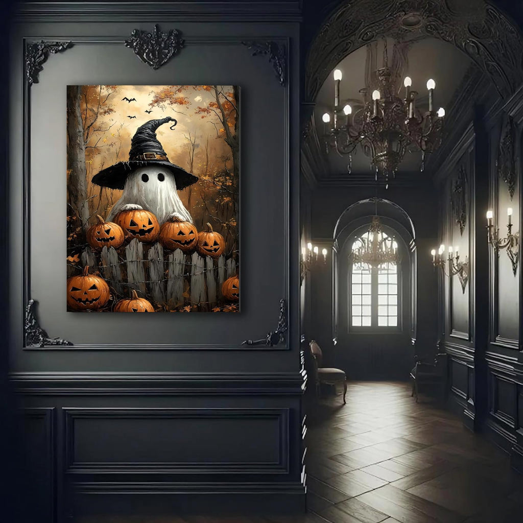 Ghost Wearing Witch Hat Framed Canvas Wall Art 24x36, Spooky Pumpkin Halloween Poster Print, Rustic Farmhouse Wall