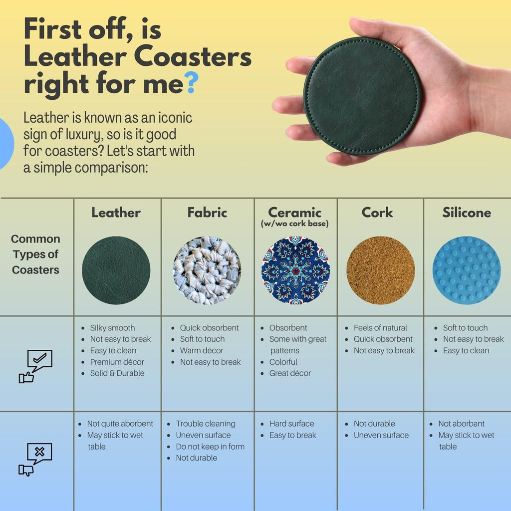 Leather Coasters for Drinks, Drink Coasters Set of 6 with Holder