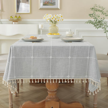 Gray Plaid Tablecloth Rectangle 55 x 106 Inch, Boho Waterproof Washable Wipeable Table Cloth Cotton Linen Heavy Duty